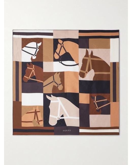 Gucci Brown Equestrian Printed Silk-Twill Scarf