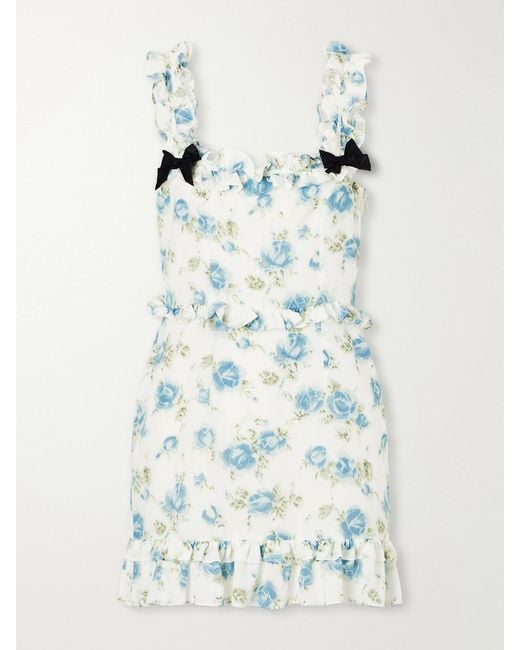 Alessandra Rich Blue Ruffled Floral-Print Silk Mini Dress