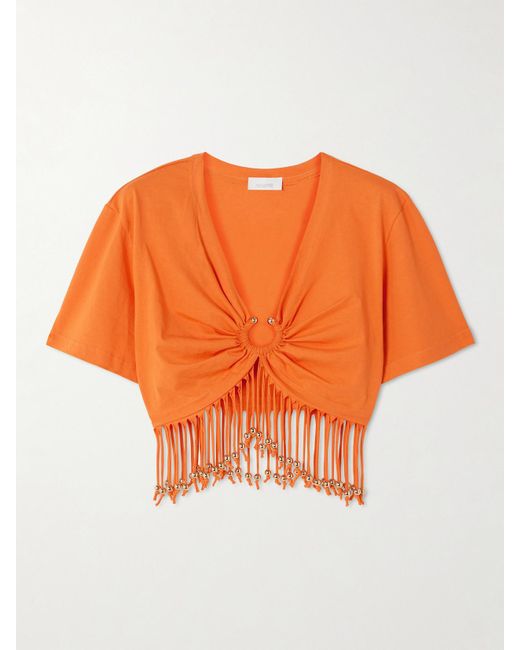 Rabanne Orange Cropped Fringed Embellished Cotton-Jersey Top
