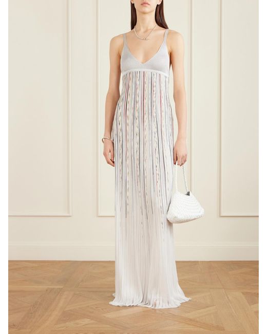 Missoni White Pleated Striped Metallic Ribbed-Knit Maxi Dress