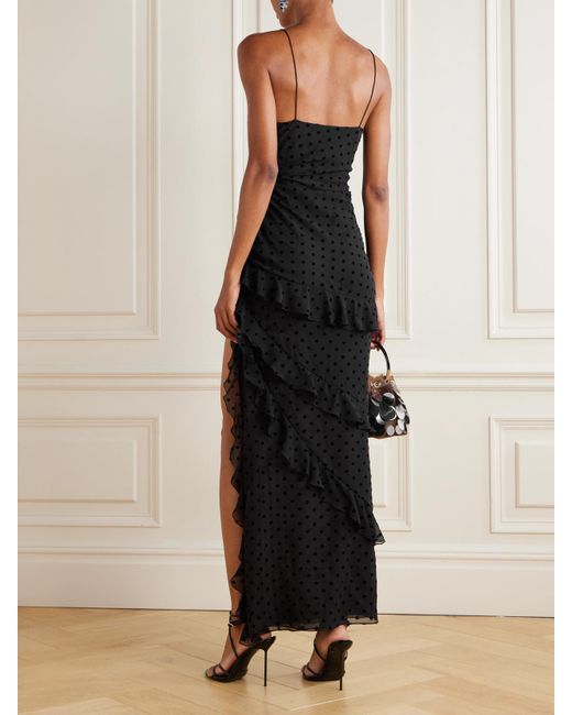 Alessandra Rich Black Ruffled Flocked Silk-Chiffon Gown