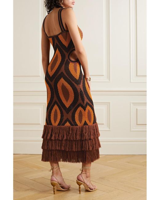 Johanna Ortiz Brown Cultural Roots Maxikleid Aus Gehäkelter Pima-Baumwolle Mit Fransen Und Cut-Outs
