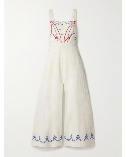 Bode White Jumpsuit Aus Einer Baumwoll-Leinenmischung Mit Stickereien