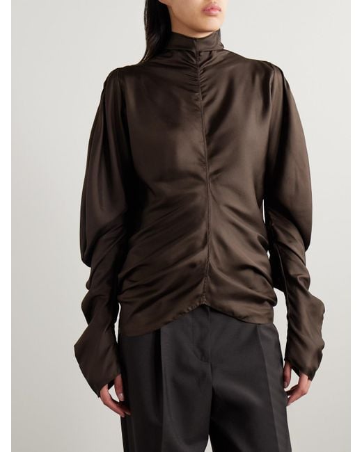 The Row Brown Miles Gathered Silk-Twill Blouse