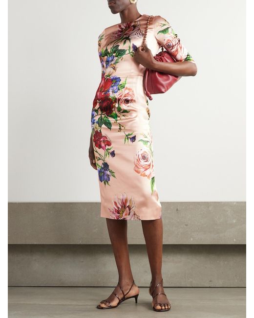 Dolce & Gabbana Pink Floral-Print Satin Midi Dress