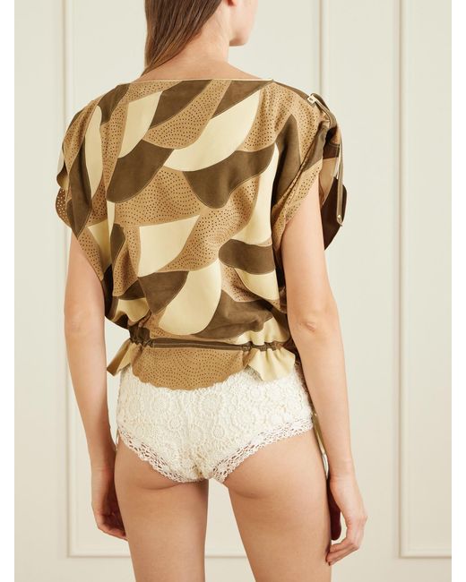 Isabel Marant Natural Dalmy Gathered Patchwork Perforated Suede Top