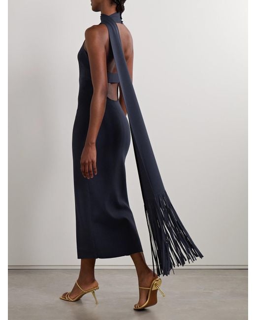 Cult Gaia Blue Caia Draped Fringed Stretch-Knit Midi Dress