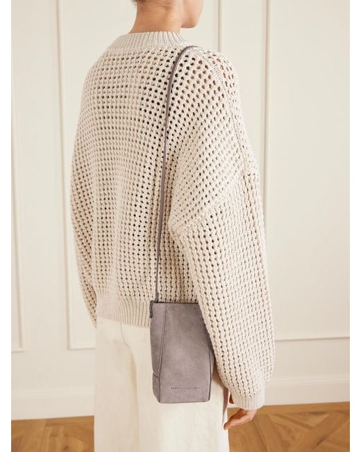Brunello Cucinelli Gray Embellished Leather-Trimmed Suede Pouch