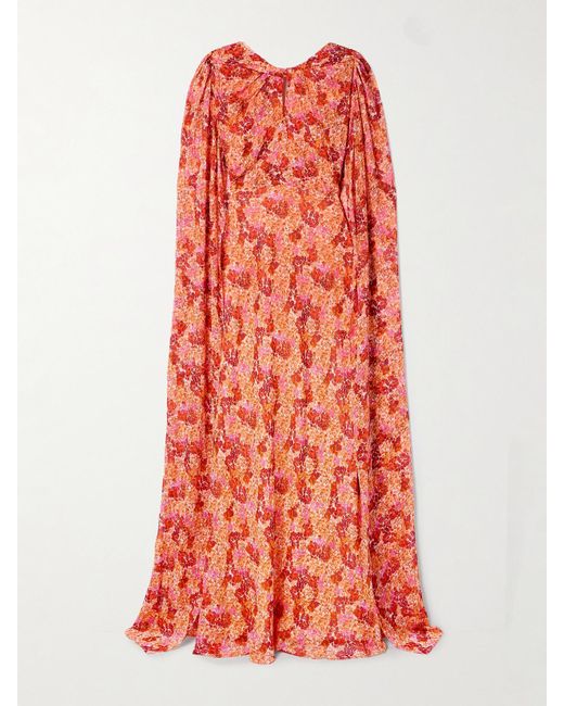 Saloni Red Claudia Cape-Effect Floral-Print Silk-Georgette Gown