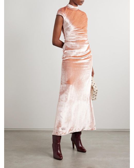 Staud Pink Tina Open-Back Ruched Velvet Gown