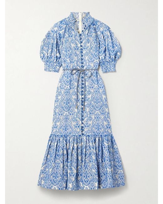 Zimmermann Blue Wylie Midikleid Aus Baumwolle Mit Stickereien Und Bindegürtel
