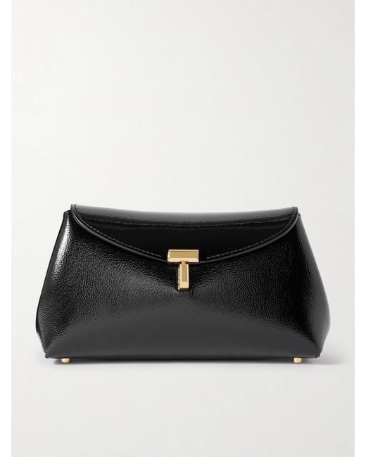 Totême Black T-Lock Mini Textured Patent-Leather Clutch