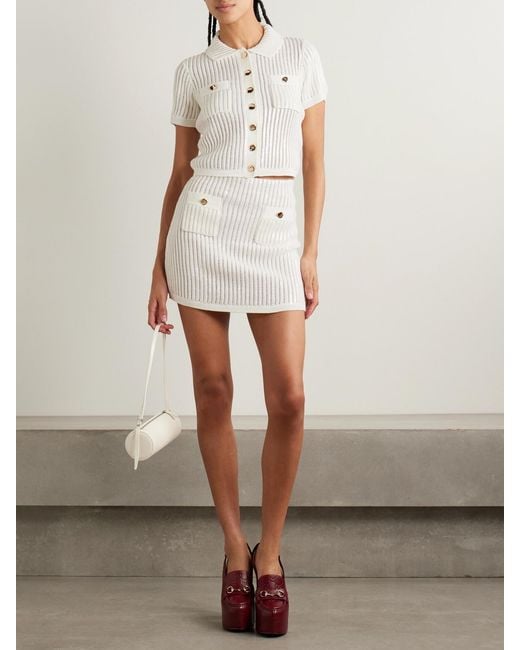 Self-Portrait Natural Sequined Crocheted Cotton And Cashmere-Blend Mini Skirt