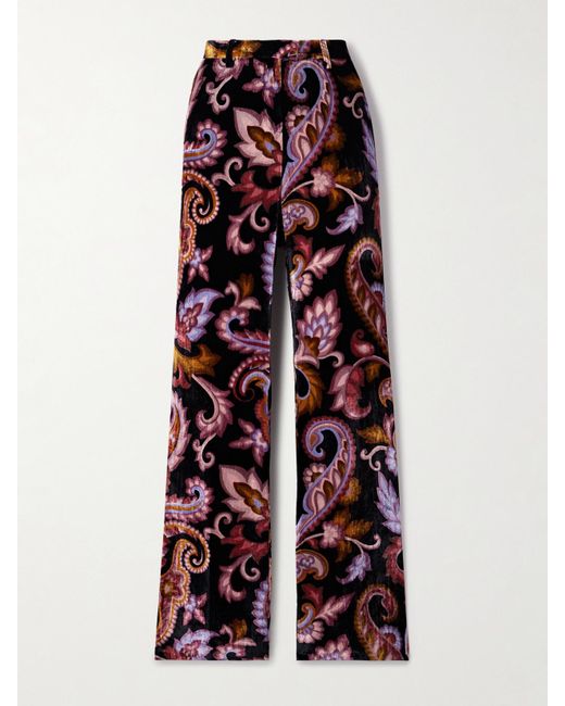 Etro Black Paisley-Print Velvet Straight-Leg Pants
