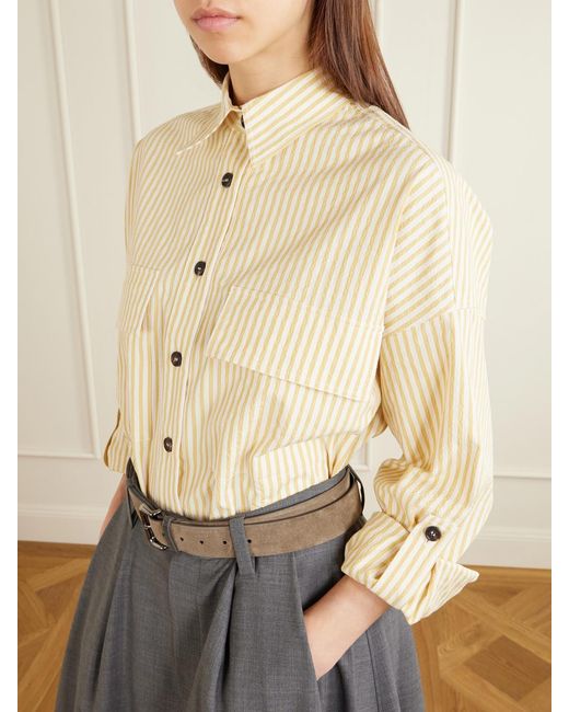 Brunello Cucinelli Natural Striped Printed Cotton-Blend Shirt