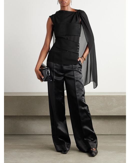 Proenza Schouler Black Aurora Cape-Effect Asymmetric Layered Twill-Trimmed Chiffon Blouse