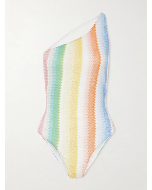 Missoni White Mare One-Shoulder Striped Metallic Crochet-Knit Swimsuit