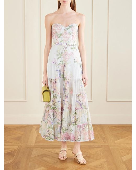 Charo Ruiz White Danny Belted Floral-Print Cotton-Blend Voile Midi Dress