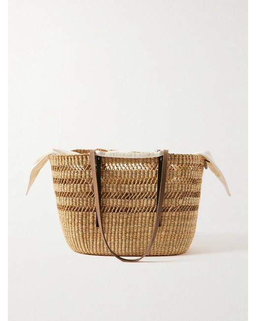 Muuñ Natural Bicro M Leather-Trimmed Woven Straw Tote