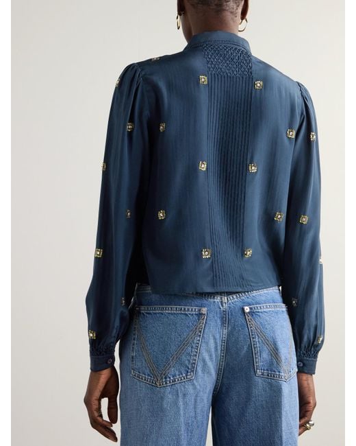 Alix Of Bohemia Blue Priscilla Casino Night Embellished Smocked Silk Shirt