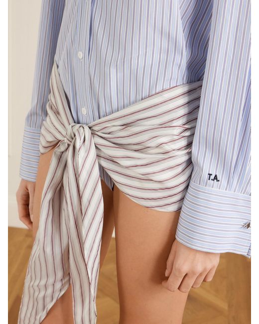 The Attico Blue Belted Striped Cotton-Poplin Mini Dress