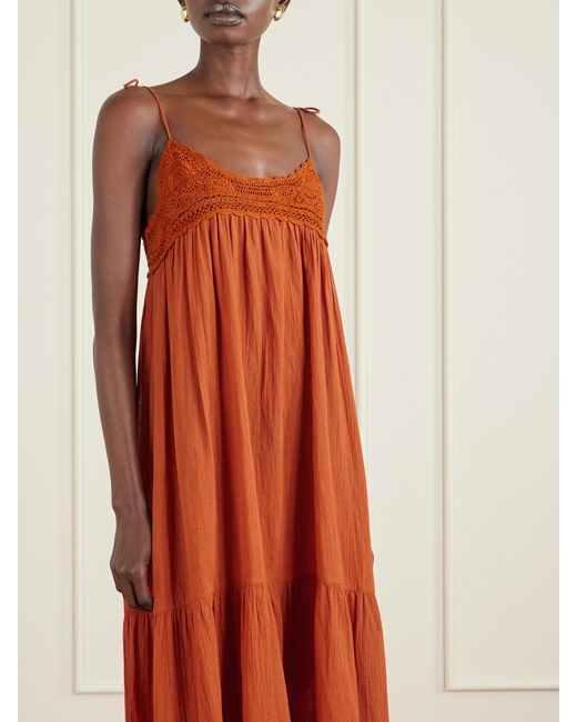 Ulla Johnson Orange Linnea Tasseled Crochet-Trimmed Cotton Midi Dress