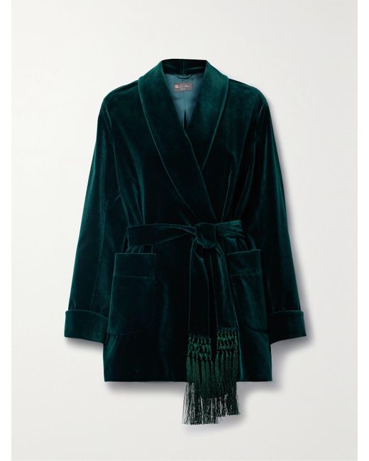 Loro Piana Blue Raniya Belted Macramé-Trimmed Cotton-Blend Velvet Jacket