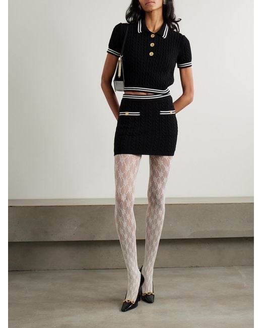 Alessandra Rich Black Cropped Cable-Knit Cotton Polo Shirt