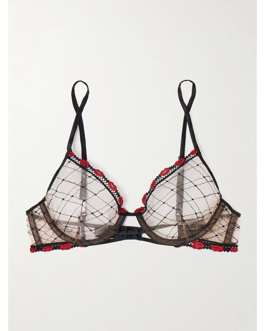 Kiki de Montparnasse Natural La Bise Silk-Blend Trimmed Appliquéd Embroidered Tulle Underwired Soft-Cup Demi Bra