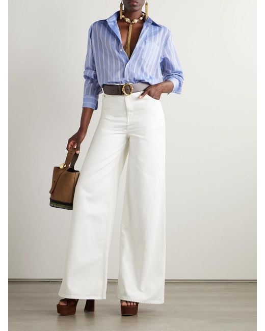 Etro Blue Printed Silk And Striped Cotton-Voile Shirt