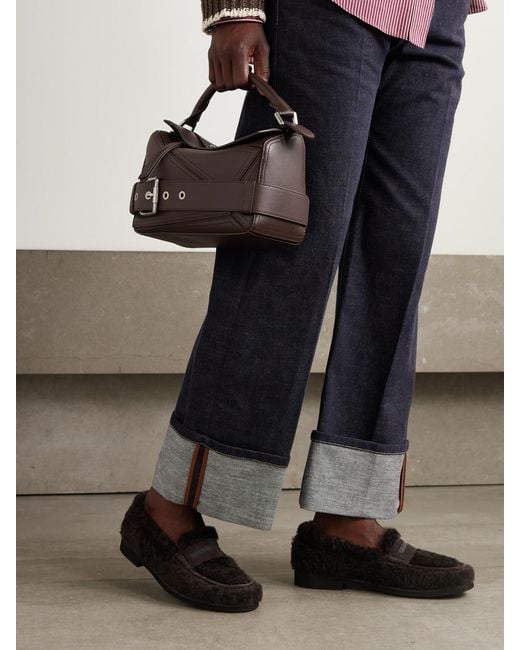 Brunello Cucinelli Black Bead-Embellished Suede-Trimmed Shearling Loafers