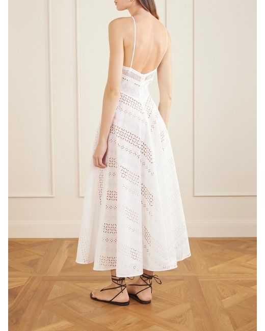 Loretta Caponi White Castiglione Broderie Anglaise Cotton Halterneck Midi Dress