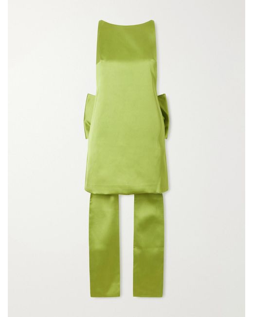 Self-Portrait Green Bow-Detailed Satin Mini Dress