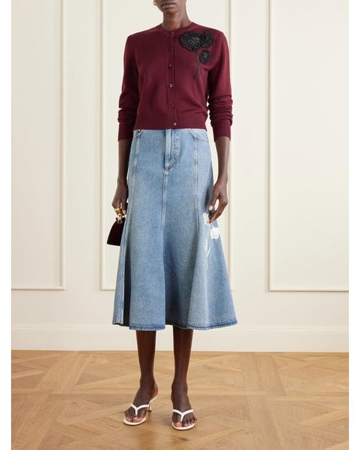 Erdem Red Embellished Ribbed Merino Wool Cardigan