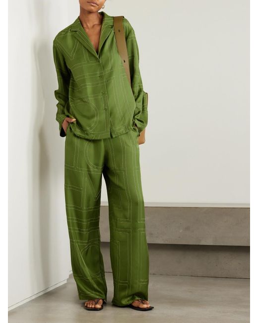 Totême  Green Embroidered Silk-Twill Shirt