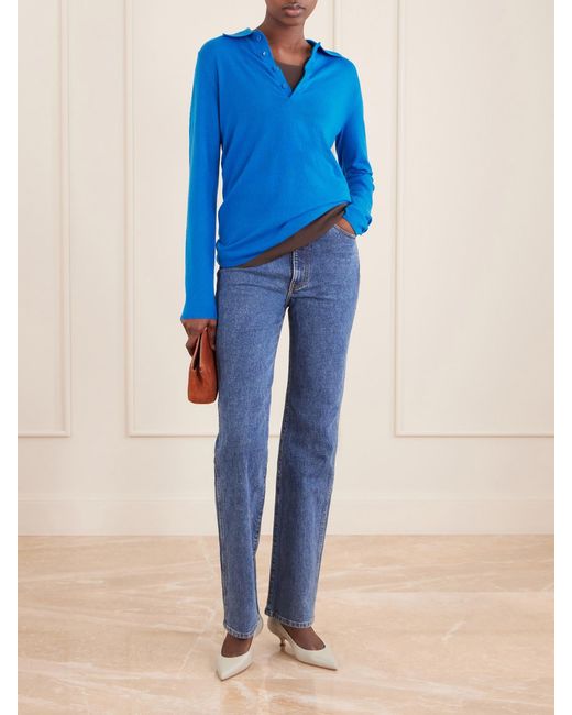 Tibi Blue Wool-Blend Knit Polo Sweater