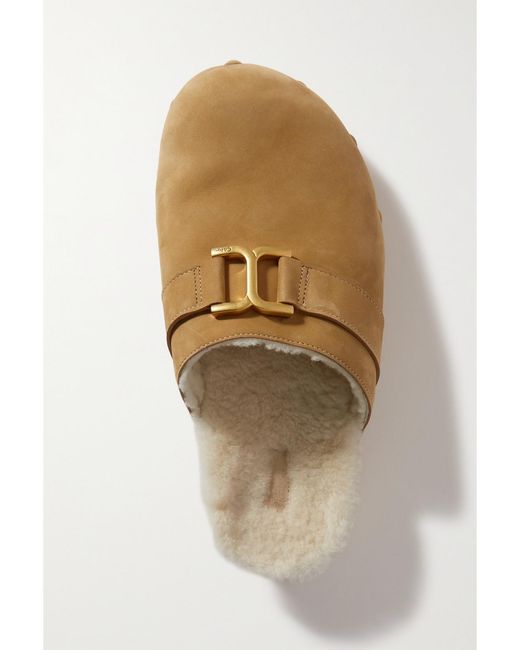 Chloé Yellow Marcie Embellished Shearling-Lined Nubuck Slippers