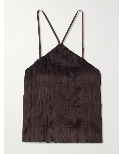 Staud Brown Akari Plissé-Satin Top