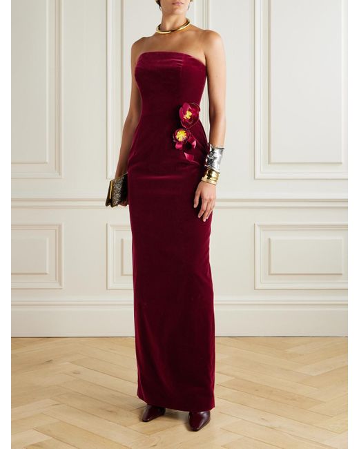 Oscar de la Renta Red Strapless Appliquéd Cotton-Blend Velvet Gown