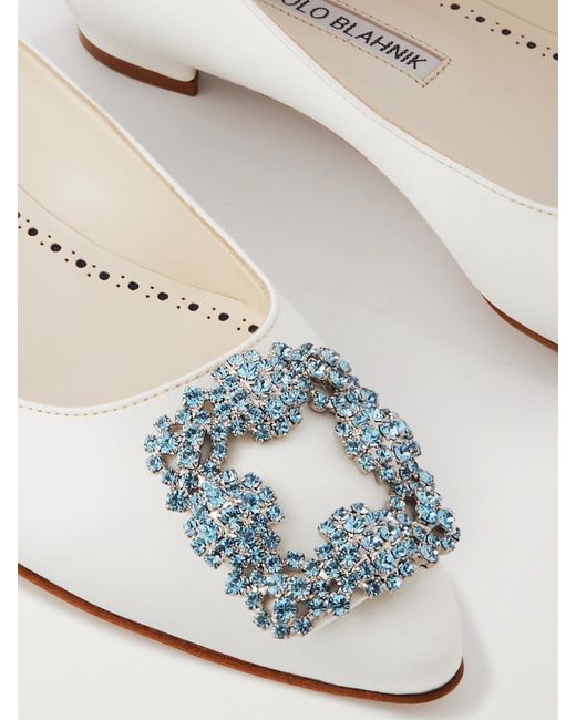 Manolo Blahnik Natural Hangisiflat Crystal-Embellished Satin Point-Toe Flats