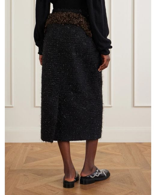 Simone Rocha Blue Shearling-Trimmed Metallic-Tweed Midi Skirt