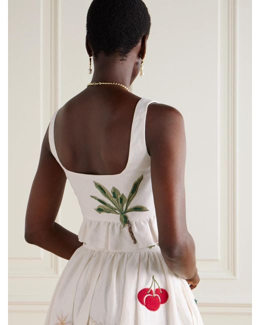 Agua Bendita Natural Eslabon Appliquéd Embroidered Ruffled Linen Bustier Top