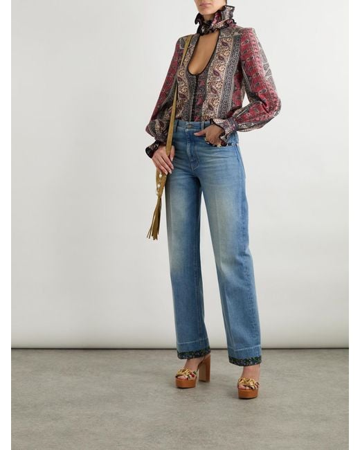 Valentino Garavani Red Ruffled Cutout Satin-Trimmed Metallic Printed Cotton-Blend Blouse