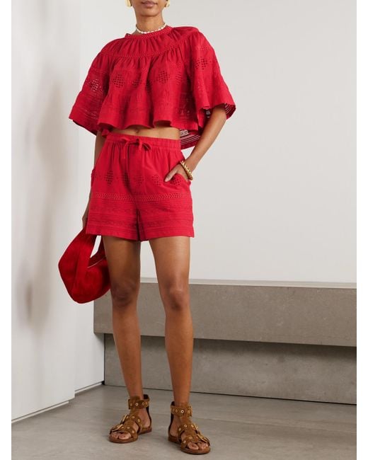 Isabel Marant Red Damina Crochet-Trimmed Broderie Anglaise Organic Cotton-Voile Shorts