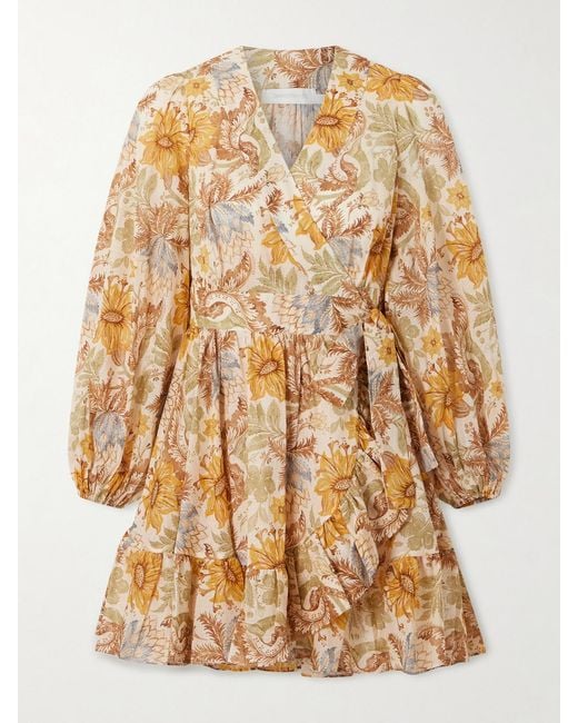 Zimmermann Natural Daylight Ruffled Floral-Print Cotton-Voile Mini Wrap Dress