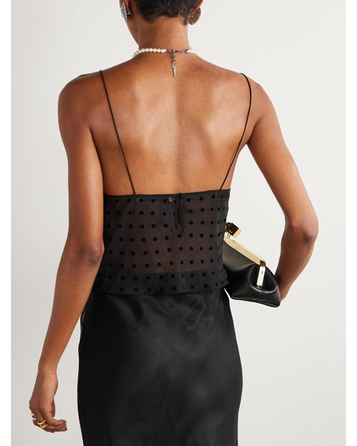 Alessandra Rich Black Top Aus Beflocktem Seiden-Georgette Mit Polka-Dots, Spitzenbesatz Und Schleife