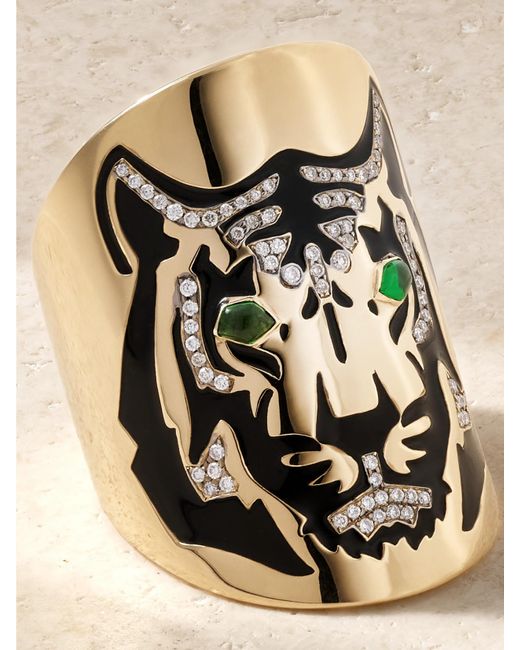 Diane Kordas Natural Tiger 18-Karat, Diamond, Tsavorite And Enamel Ring