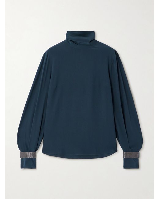 Brunello Cucinelli Blue Bead-Embellished Silk Crepe De Chine Turtleneck Blouse