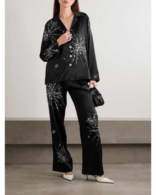 BERNADETTE Black Louis Sequin-Embellished Silk-Blend Satin Pajama Pants
