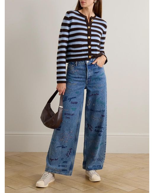 Mother Blue Double Dip Nerdy Embroidered Mid-Rise Wide-Leg Jeans